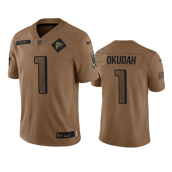 Mens Atlanta Falcons #1 Jeff Okudah Brown 2023 Salute To Service Limited Jersey