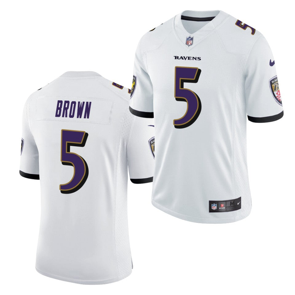 Men’s Baltimore Ravens #5 Marquise Brown Nike White Vapor Limited Player Jersey