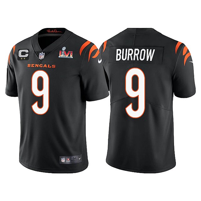 Men’s Cincinnati Bengals #9 Joe Burrow Jersey with Captain C patch Black Home Vapor Limited Jersey