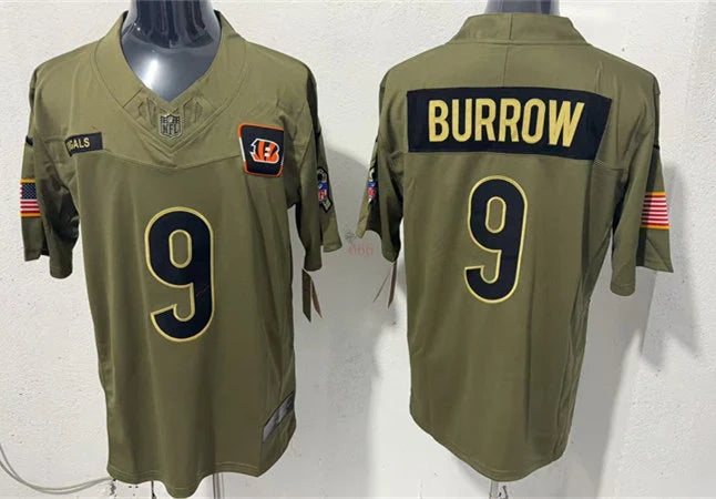 Mens Cincinnati Bengals #9 Joe Burrow Nike 2025 Salute to Service Limited Jersey – Olive