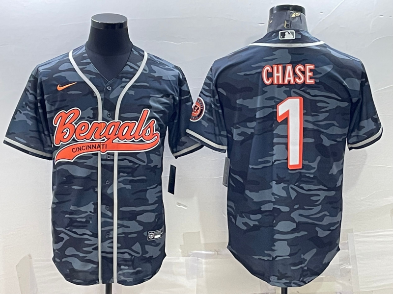 Men’s Cincinnati Bengals Ja’Marr Chase #1 Grey Camouflage Jersey