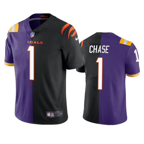 Men’s Cincinnati Bengals LSU Tigers Mix #1 Ja’Marr Chase Nike Purple Black Split Two Tone Jersey