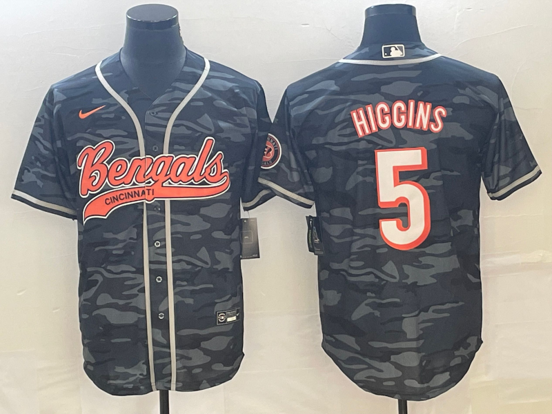 Men’s Cincinnati Bengals Tee Higgins #5 Grey Camouflage Jersey
