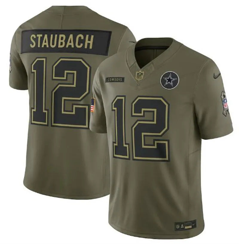 Mens Dallas Cowboys #12 Roger Staubach Nike 2025 Salute to Service Retired Limited Jersey – Olive