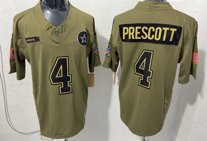 Mens Dallas Cowboys #4 Dak Prescott Nike 2025 Salute to Service Limited Jersey – Olive