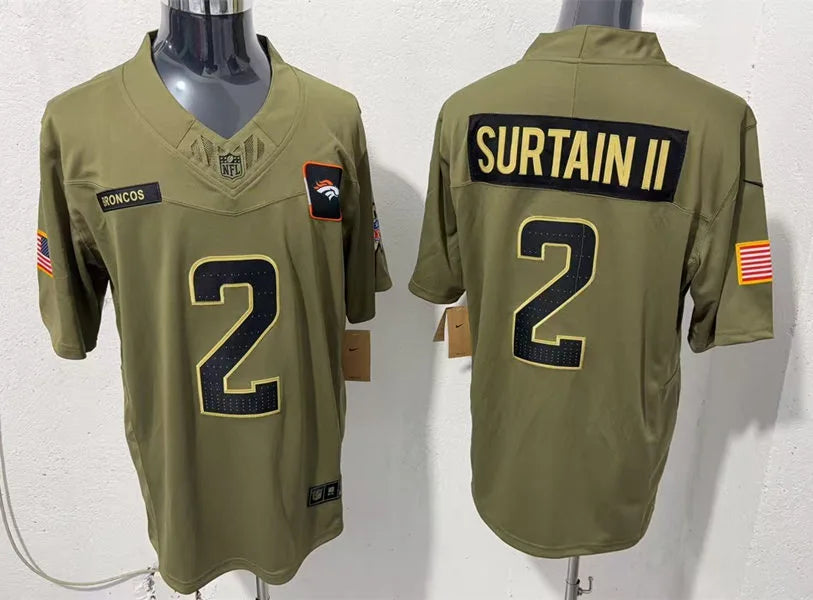 Mens Denver Broncos #2 Patrick Surtain II 2025 Salute to Service Limited Jersey – Olive