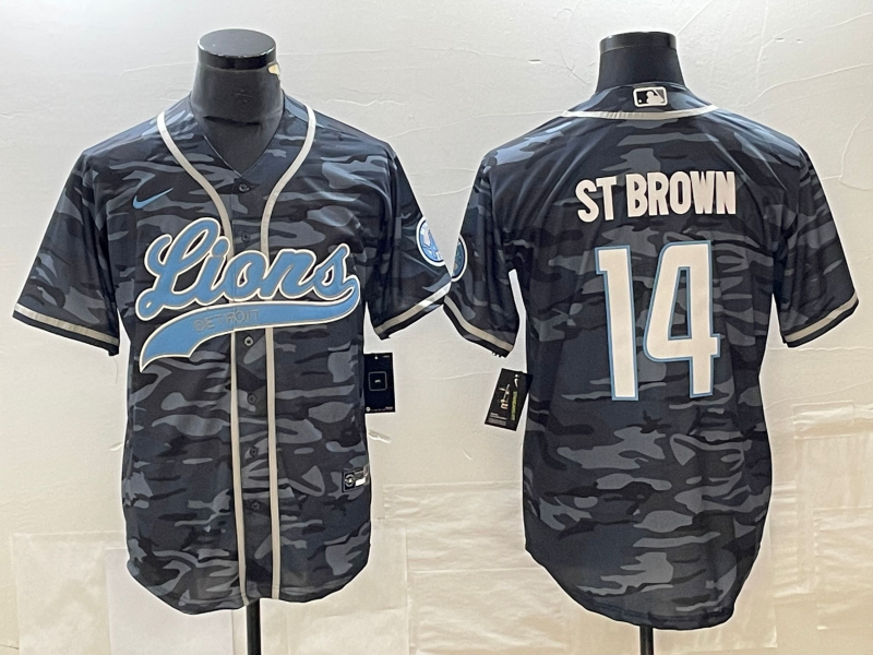 Men’s Detroit Lions Amon-Ra St. Brown #14 Grey Camouflage Jersey Joint Edition