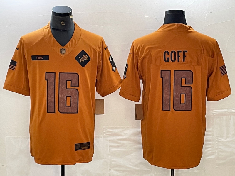 Men’s Detroit Lions Jared Goff #16 Brown 2023 Salute To Service Limited Jersey