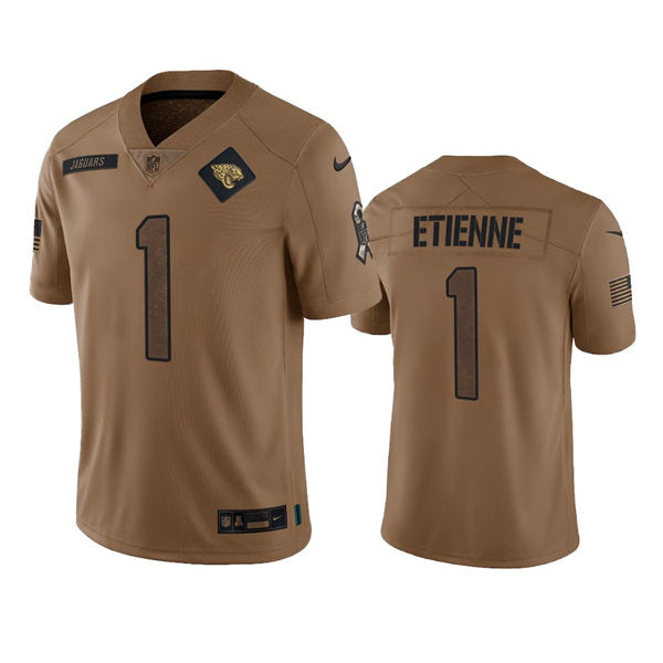 Men’s Jacksonville Jaguars #1 Travis Etienne Jr. Brown 2023 Salute To Service Limited Jersey
