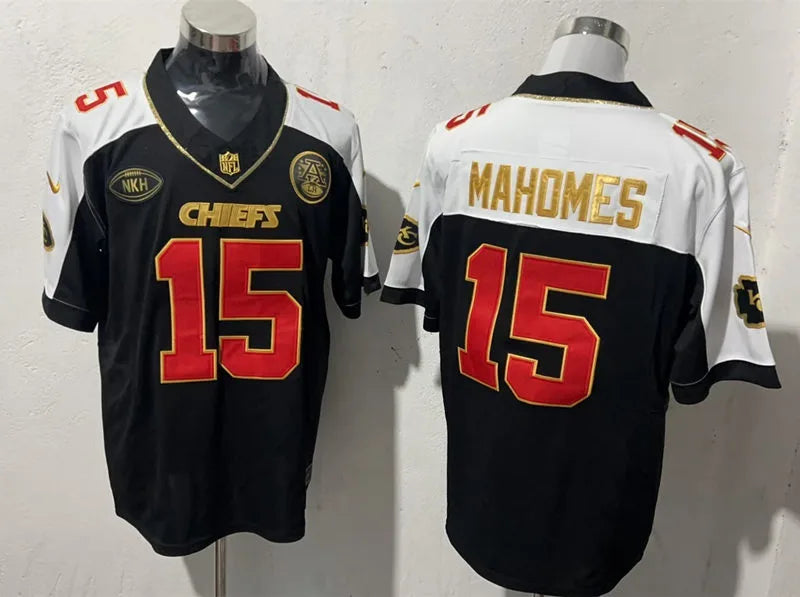 Men’s Kansas City Chiefs #15 Patrick Mahomes Black White Golden Gratitude F.U.S.E. Vapor Limited Jersey