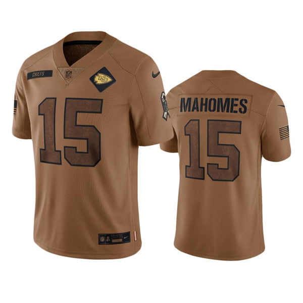 Men’s Kansas City Chiefs #15 Patrick Mahomes Brown 2023 Salute To Service Limited Jersey