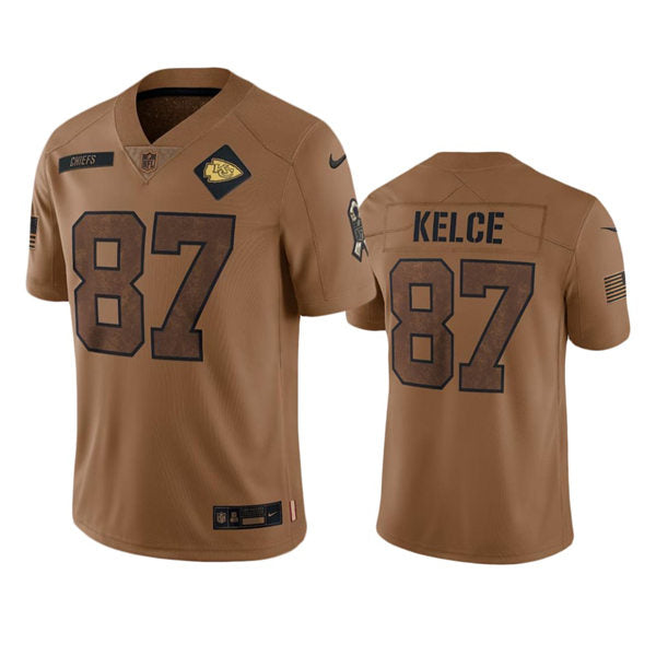 Men’s Kansas City Chiefs #87 Travis Kelce Brown 2023 Salute To Service Limited Jersey