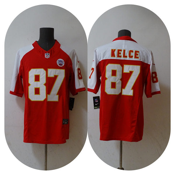 Men’s Kansas City Chiefs #87 Travis Kelce Red White Gratitude F.U.S.E. Vapor Limited Jersey