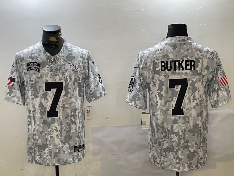 Men’s Kansas City Chiefs Harrison Butker #7 Arctic Camo 2024 Salute to Service Limited Jersey