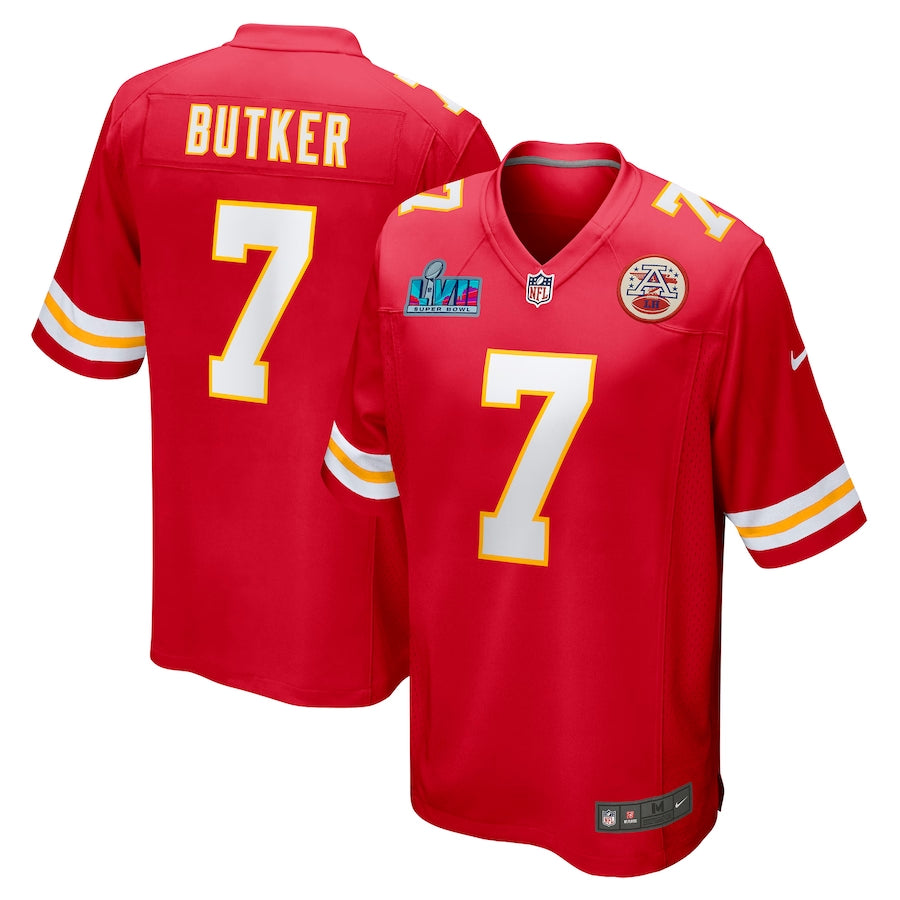 Men’s Kansas City Chiefs Harrison Butker #7 Red Super Bowl LVII Patch Jersey