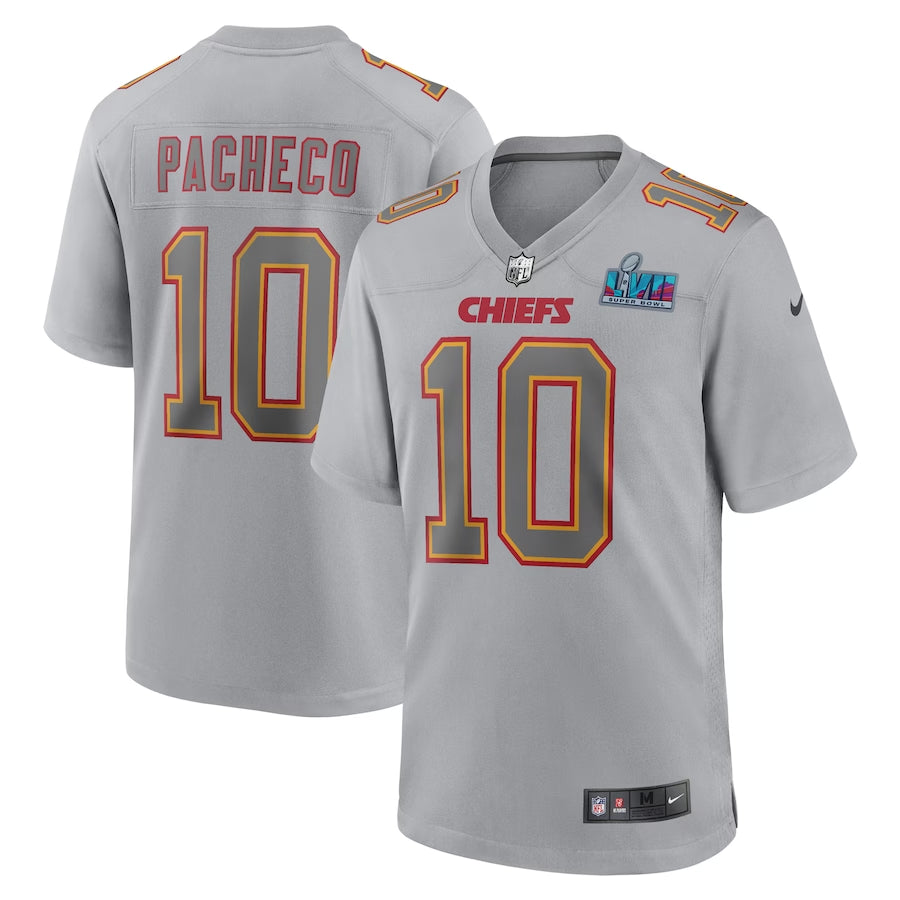 Men’s Kansas City Chiefs Isiah Pacheco #10 Gray Super Bowl LVII Patch Atmosphere Jersey