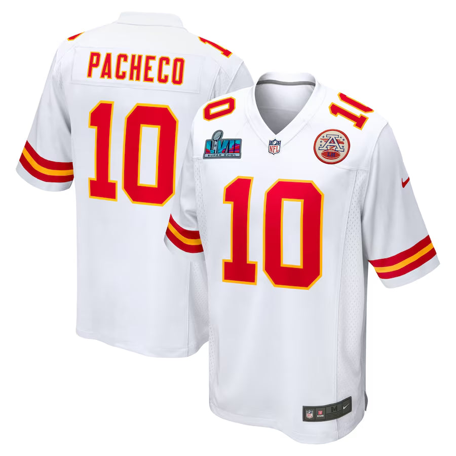 Men’s Kansas City Chiefs Isiah Pacheco #10 White Super Bowl LVII Patch Away Jersey