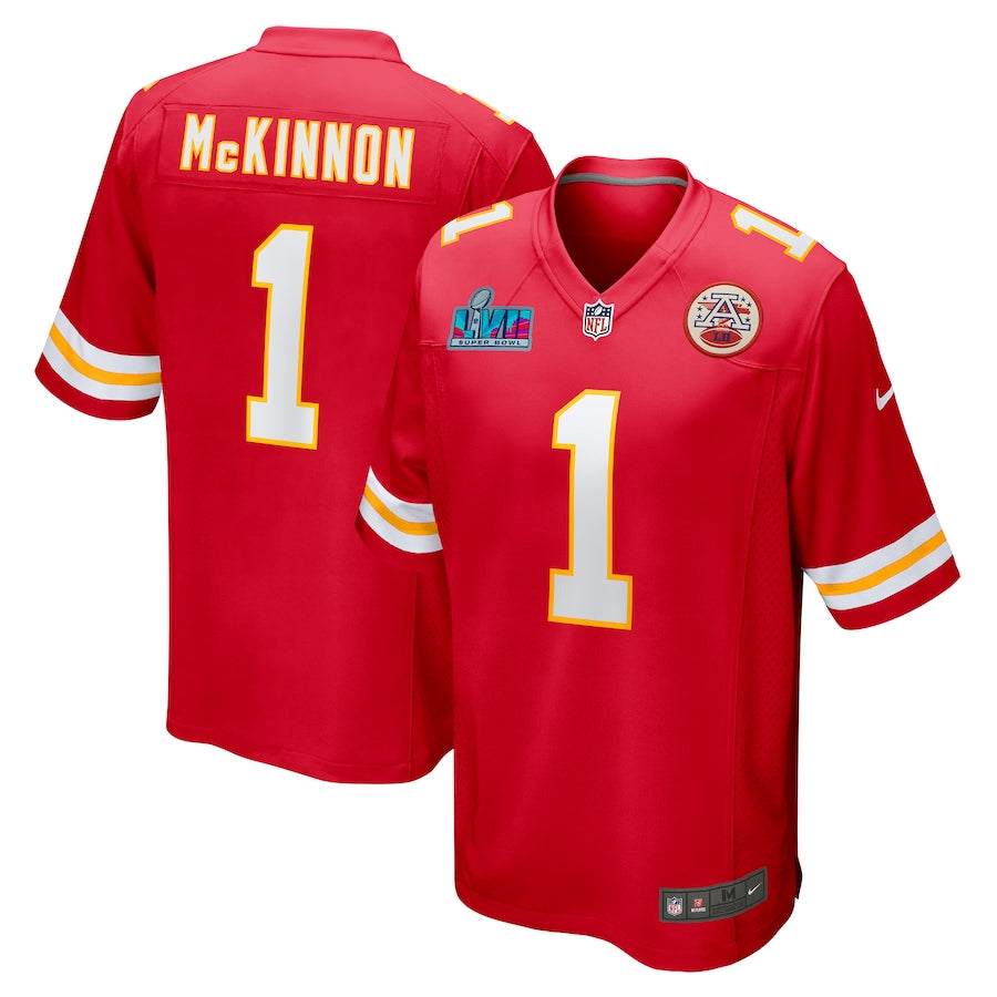 Men’s Kansas City Chiefs Jerick McKinnon #1 Red Super Bowl LVII Patch Jersey