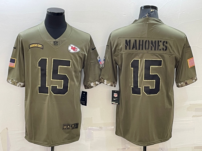 Men’s Kansas City Chiefs Patrick Mahomes #15 Olive 2022 Salute To Service Limited Jersey