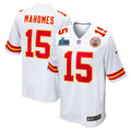 Men’s Kansas City Chiefs Patrick Mahomes #15 White Super Bowl LVII Patch Away Jersey