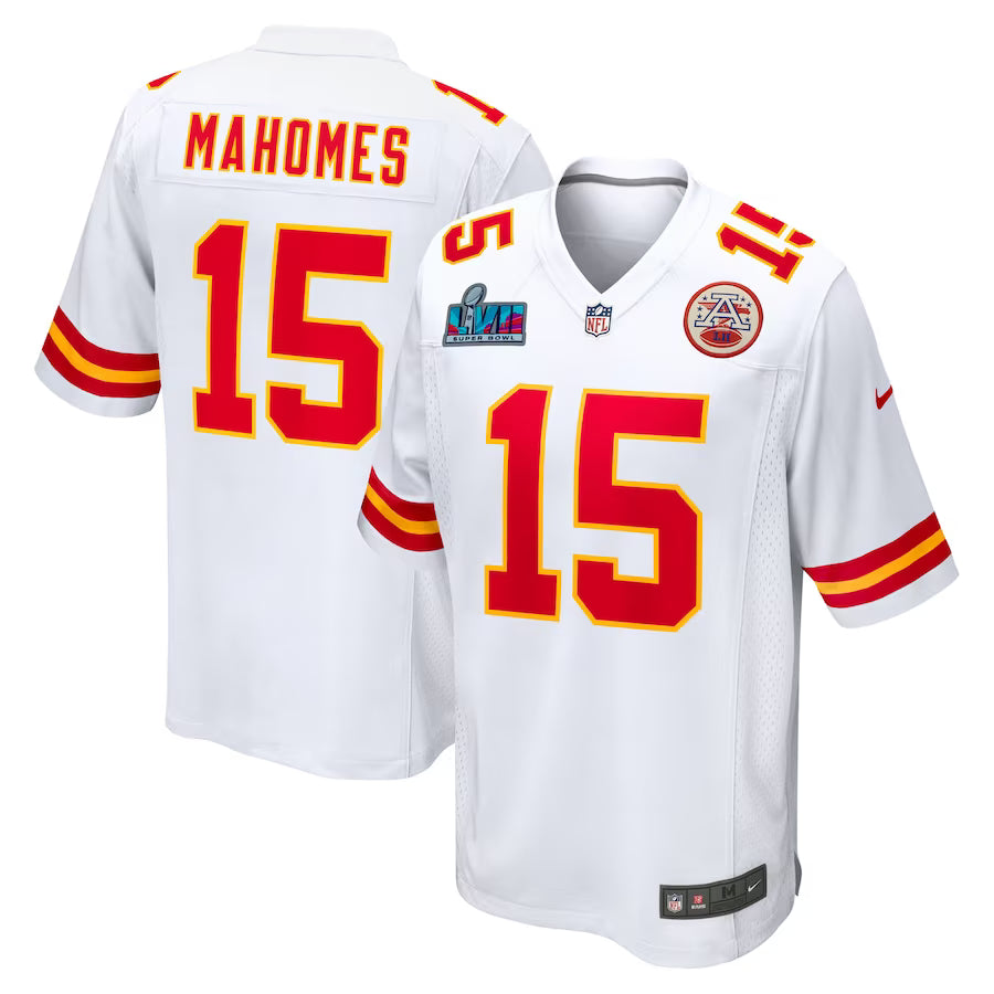 Men’s Kansas City Chiefs Patrick Mahomes #15 White Super Bowl LVII Patch Away Jersey