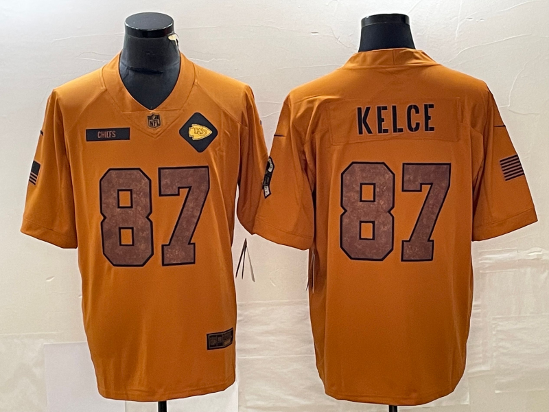 Men’s Kansas City Chiefs Travis Kelce #87 Brown 2023 Salute To Service Retired Limited Jersey