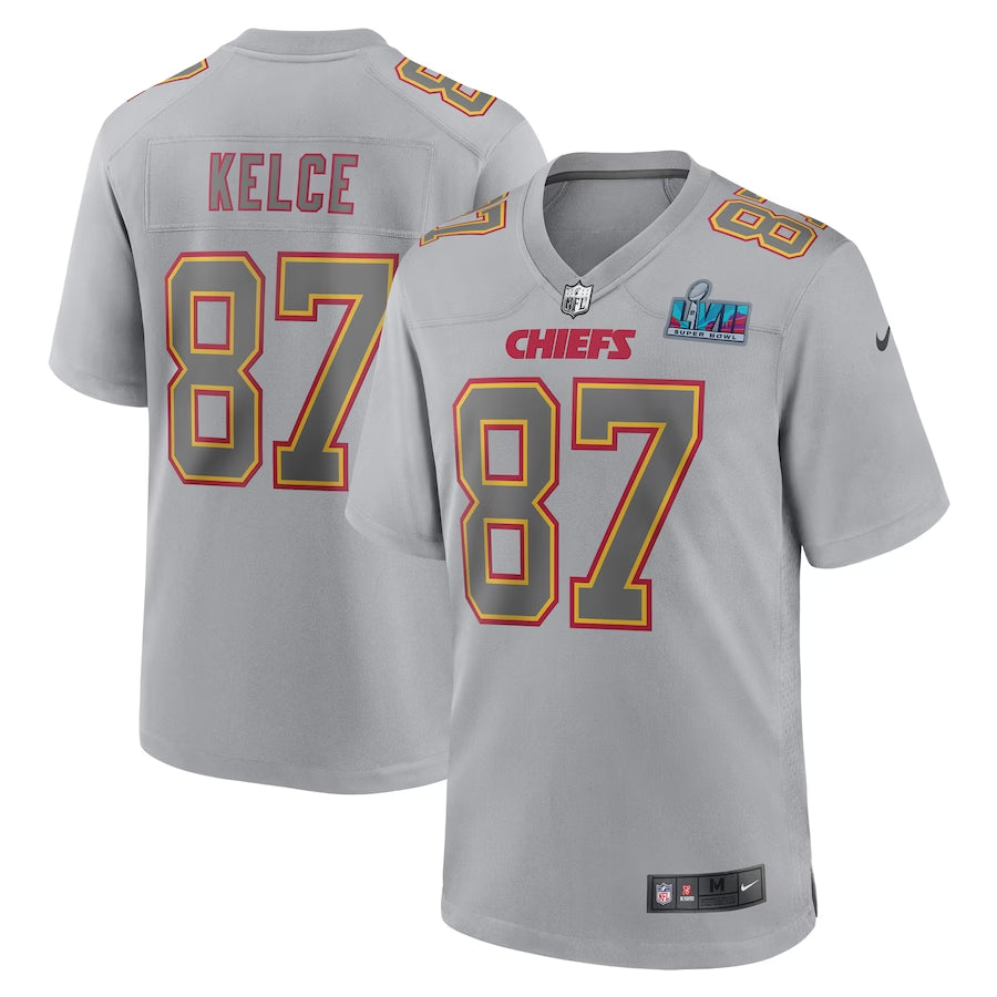 Men’s Kansas City Chiefs Travis Kelce #87 Gray Super Bowl LVII Patch Atmosphere Jersey
