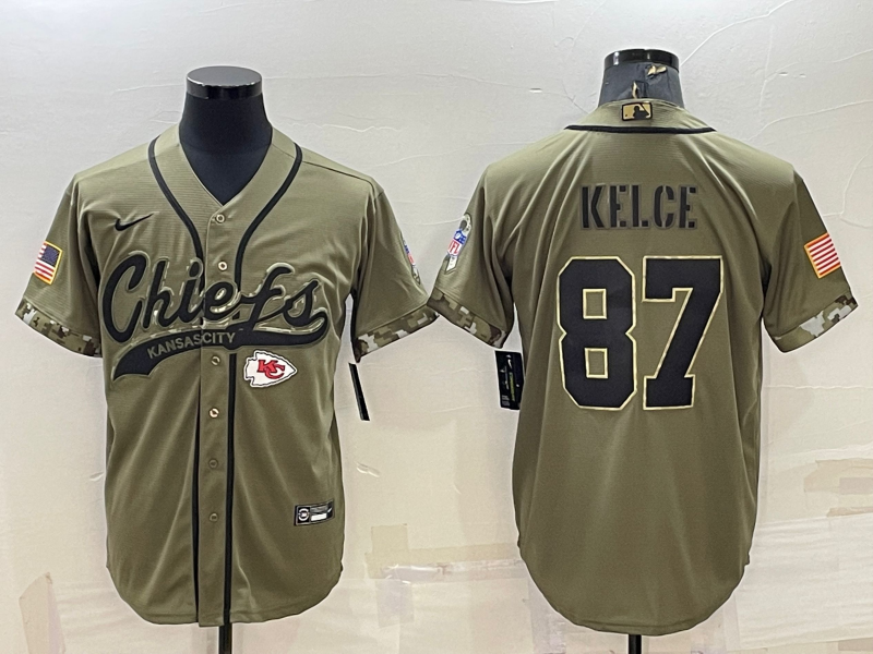 Men’s Kansas City Chiefs Travis Kelce #87 Olive 2022 Salute To Service Limited Jersey Joint Edition