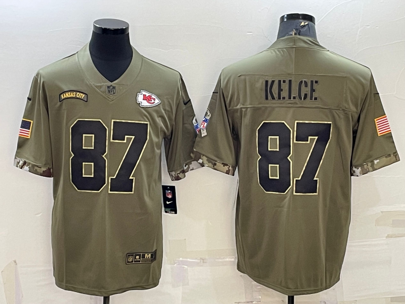 Men’s Kansas City Chiefs Travis Kelce #87 Olive 2022 Salute To Service Limited Jersey