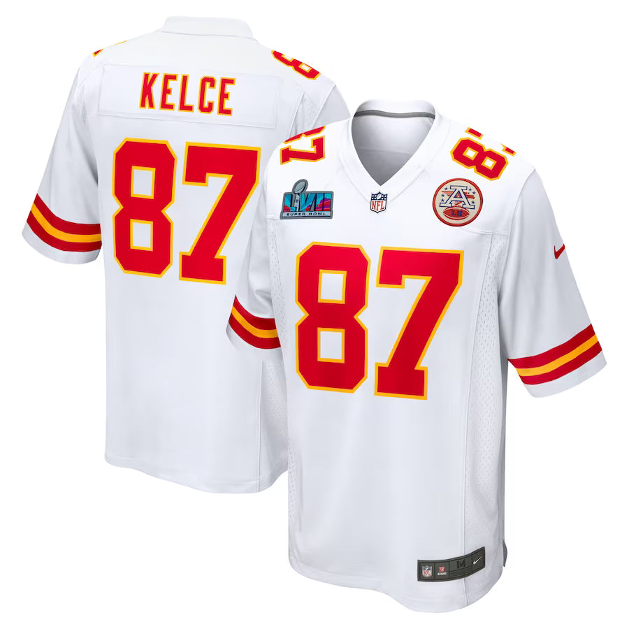 Men’s Kansas City Chiefs Travis Kelce #87 White Super Bowl LVII Patch Away Jersey