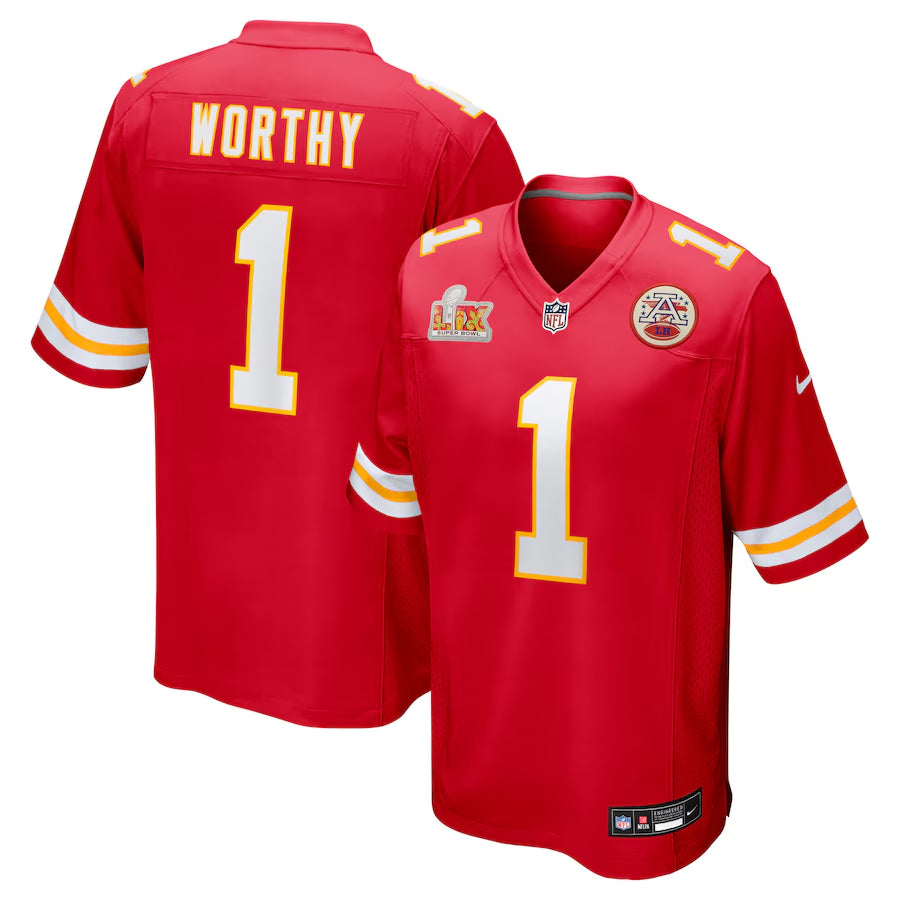 Men’s Kansas City Chiefs Xavier Worthy #1 Red Super Bowl LIX Jersey