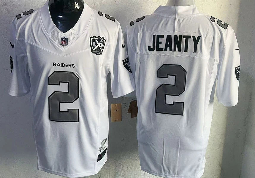 Men’s Las Vegas Raiders #2 Ashton Jeanty White Silver 1960-2024 65TH Anniversary Gratitude F.U.S.E. Limited Jersey