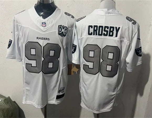 Men’s Las Vegas Raiders #98 Maxx Crosby White Silver 1960-2024 65TH Anniversary Gratitude F.U.S.E. Limited Jersey