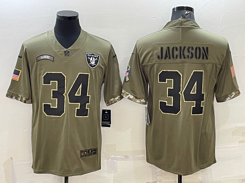 Men’s Las Vegas Raiders Bo Jackson #34 Olive 2022 Salute To Service Limited Jersey
