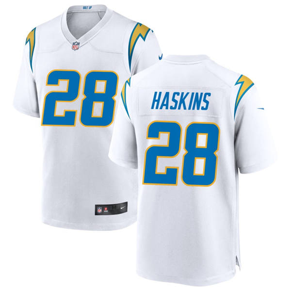 Men’s Los Angeles Chargers #28 Hassan Haskins Nike White Vapor Limited Player Jersey