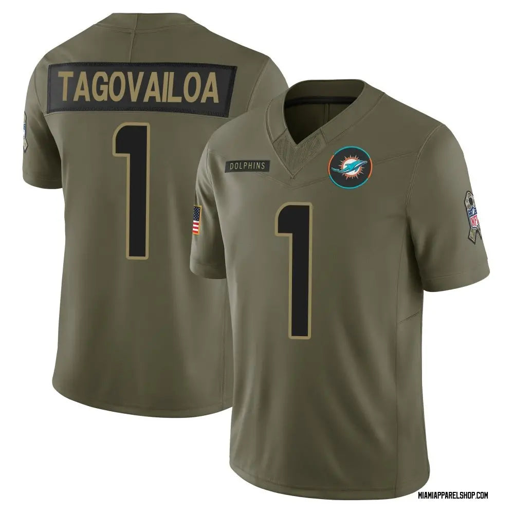 Mens Miami Dolphins #1 Tua Tagovailoa Nike 2025 Salute to Service Retired Limited Jersey – Olive