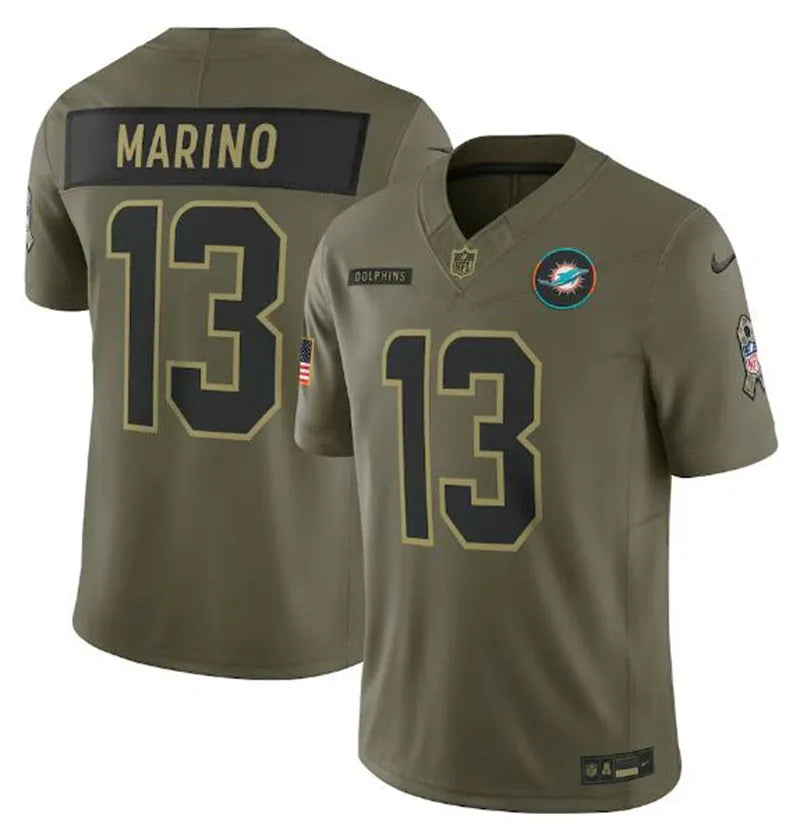 Mens Miami Dolphins #13 Dan Marino Nike 2025 Salute to Service Retired Limited Jersey – Olive