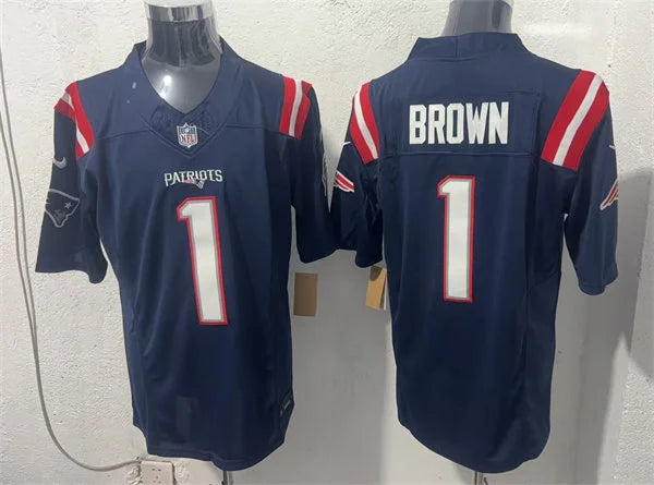Mens New England Patriots #1 A.J. Brown Nike Navy Vapor F.U.S.E. Limited Jersey