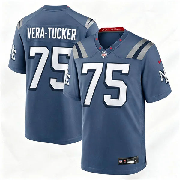 Mens New England Patriots #75 Alijah Vera-Tucker Storm Blue Rivalries Collection F.U.S.E. Limited Jersey