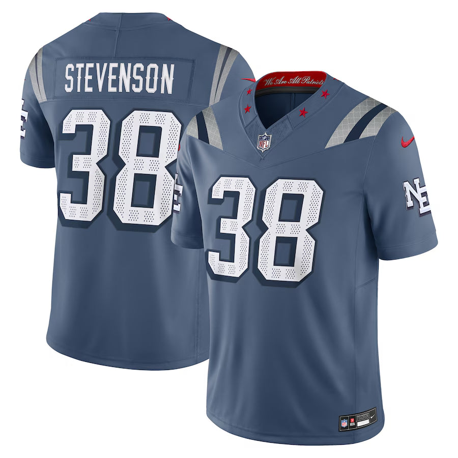 Men’s New England Patriots Rhamondre Stevenson #38 Storm Blue 2025 Rivalries Collection Limited Jersey