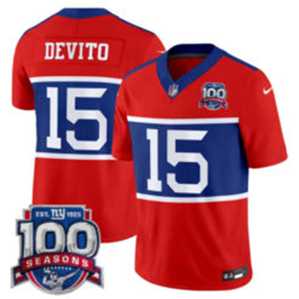 Men’s New York Giants #15 Tommy DeVito Century Red 100TH Season Commemorative Jersey