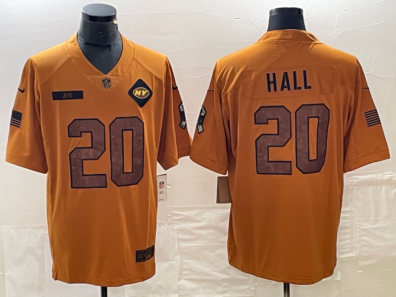 Men’s New York Jets Breece Hall #20 Brown 2023 Salute To Service Limited Jersey