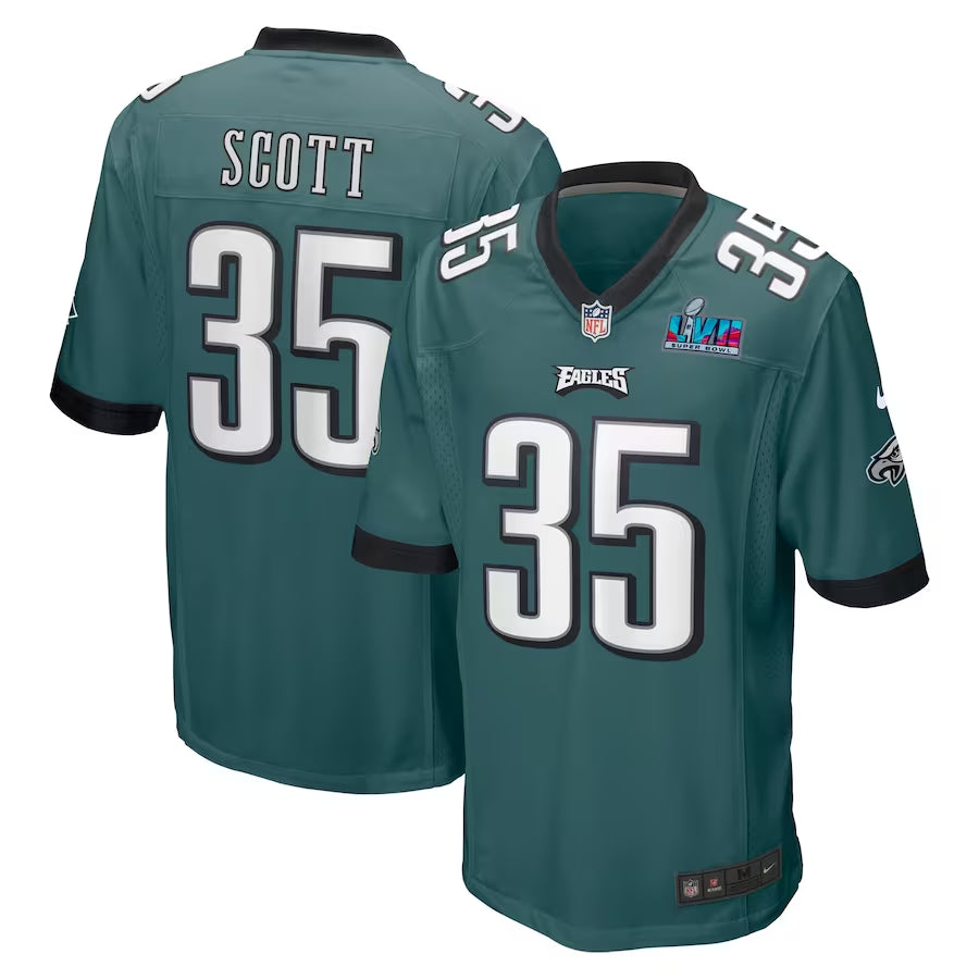 Men’s Philadelphia Eagles Boston Scott #35 Midnight Green Super Bowl LVII Patch Jersey