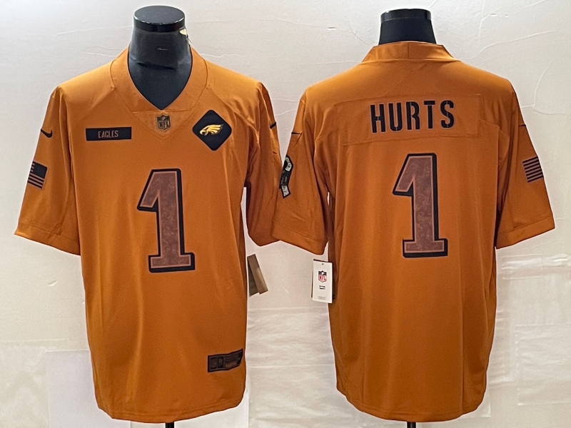 Men’s Philadelphia Eagles Jalen Hurts #1 Brown 2023 Salute To Service Limited Jersey