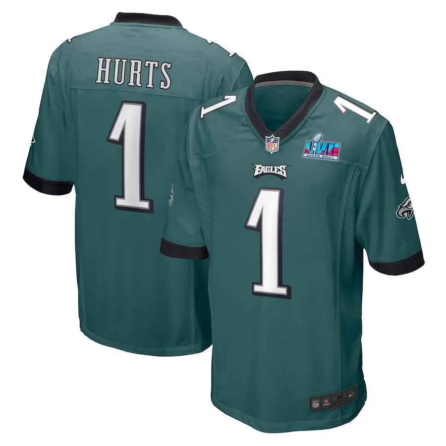 Men’s Philadelphia Eagles Jalen Hurts #1 Midnight Green Super Bowl LVII Patch Jersey