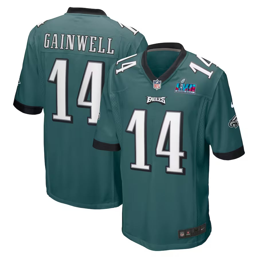 Men’s Philadelphia Eagles Kenneth Gainwell #14 Midnight Green Super Bowl LVII Patch Jersey