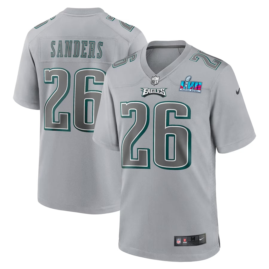 Men’s Philadelphia Eagles Miles Sanders #26 Gray Super Bowl LVII Patch Atmosphere Jersey