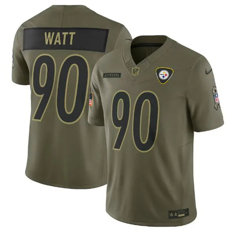 Mens Pittsburgh Steelers #90 T.J. Watt Nike 2025 Salute to Service Limited Jersey – Olive