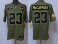 Mens San Francisco 49ers #23 Christian McCaffrey Nike 2025 Salute to Service Limited Jersey – Olive