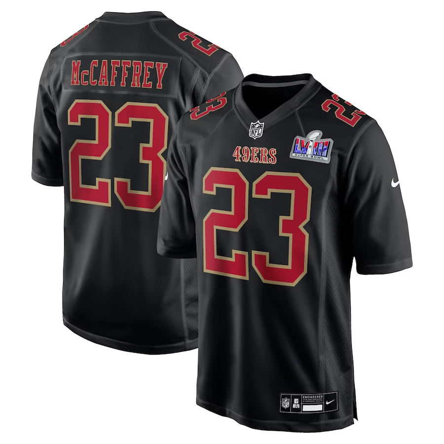 Men’s San Francisco 49ers Christian McCaffrey #23 Black Super Bowl LVIII Carbon Jersey